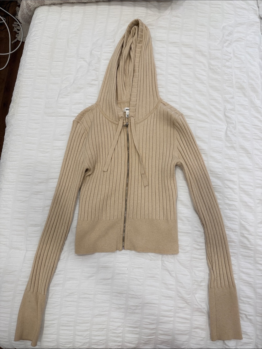 aerie Ribbed Zip-Up Hoodie in Beige